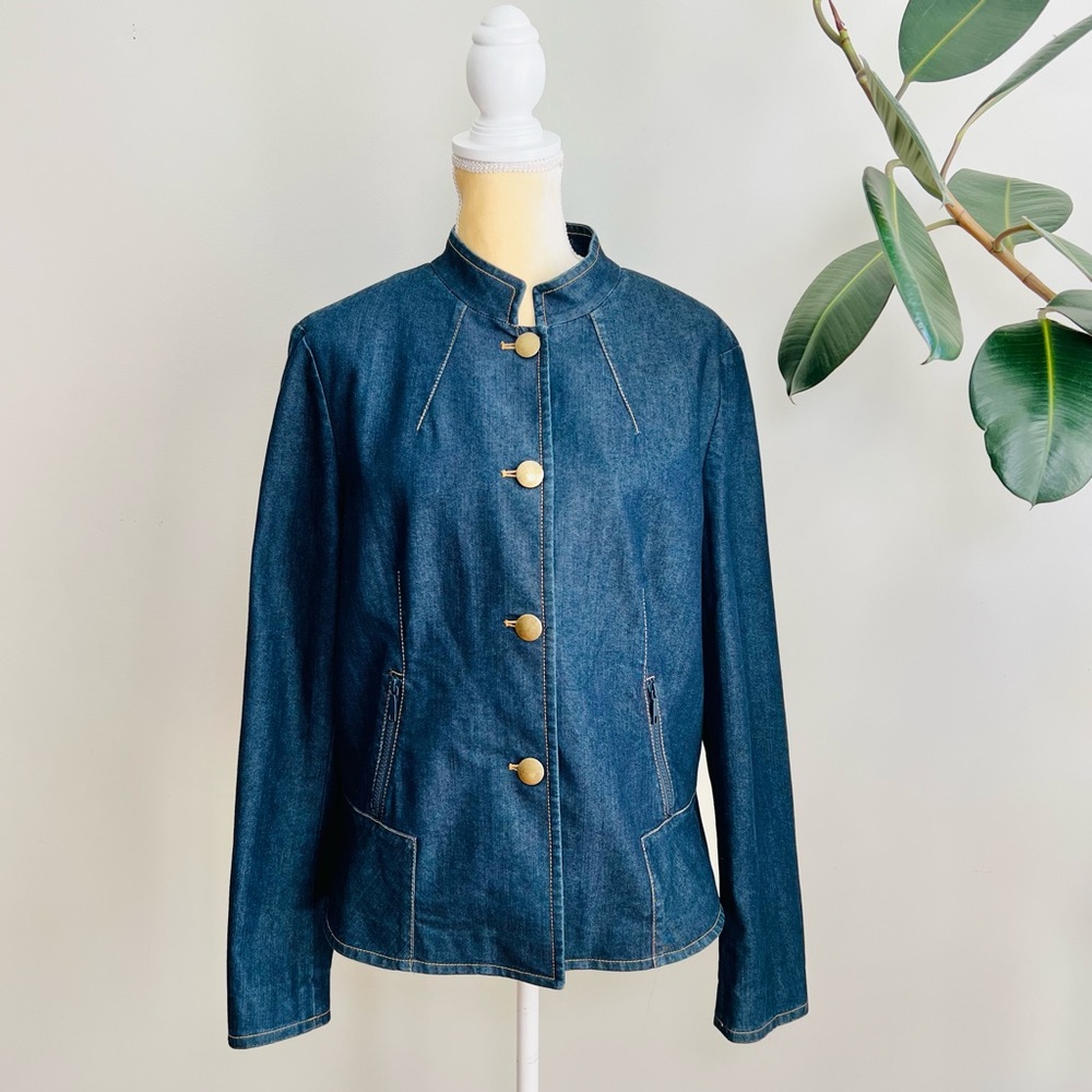 Lafayette 148 New York Dark Blue Denim Button-Front Blazer